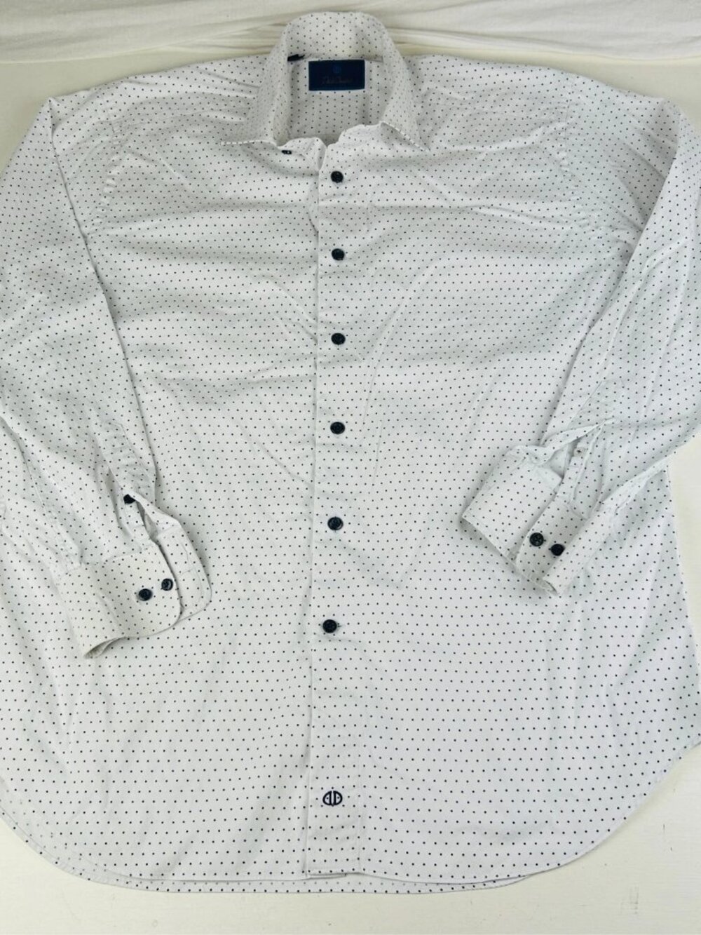 David Donahue Dress Shirt 16.5 34/35 White Blue Polka Dot 100% Cotton